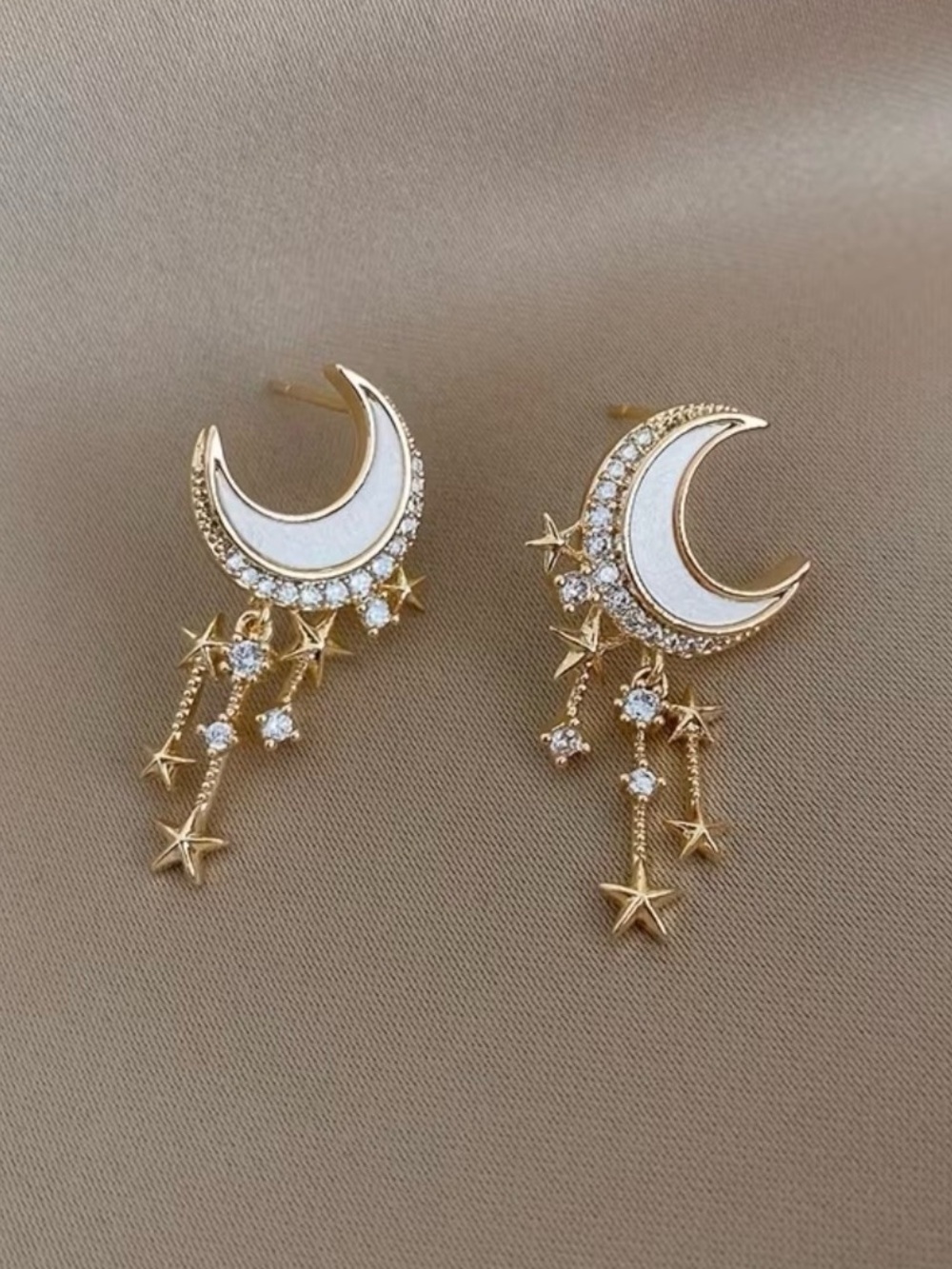 Crescent Moon and Star Dangle Earrings in Rose Gold